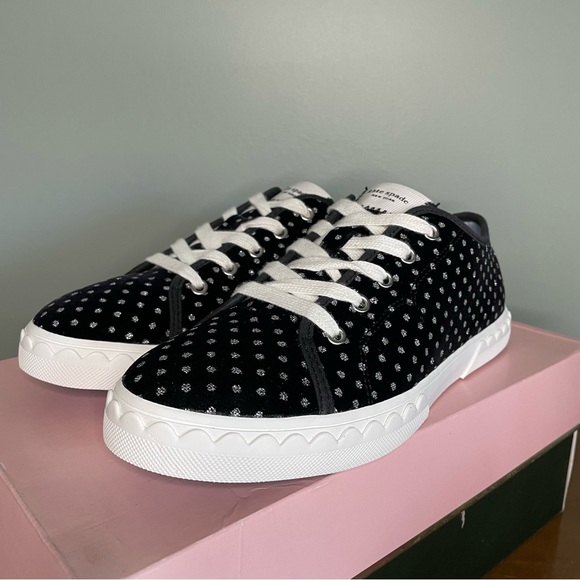 KATE SPADE Vale Black Silver Glitter Dotted Low Top Velvet Sneaker Scalloped 7.5 - Picture 4 of 16